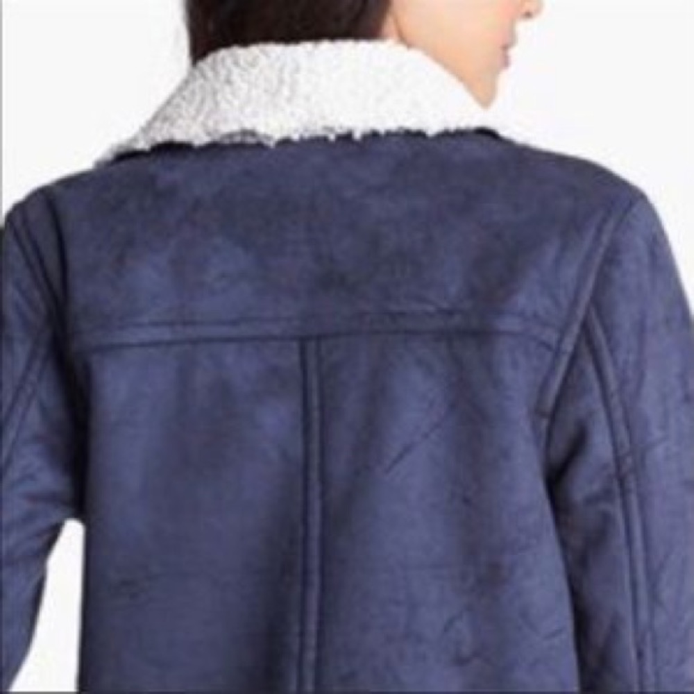 Leith Blue Faux Suede Sherpa Trim Moto Zip Jacket - Picture 3 of 15